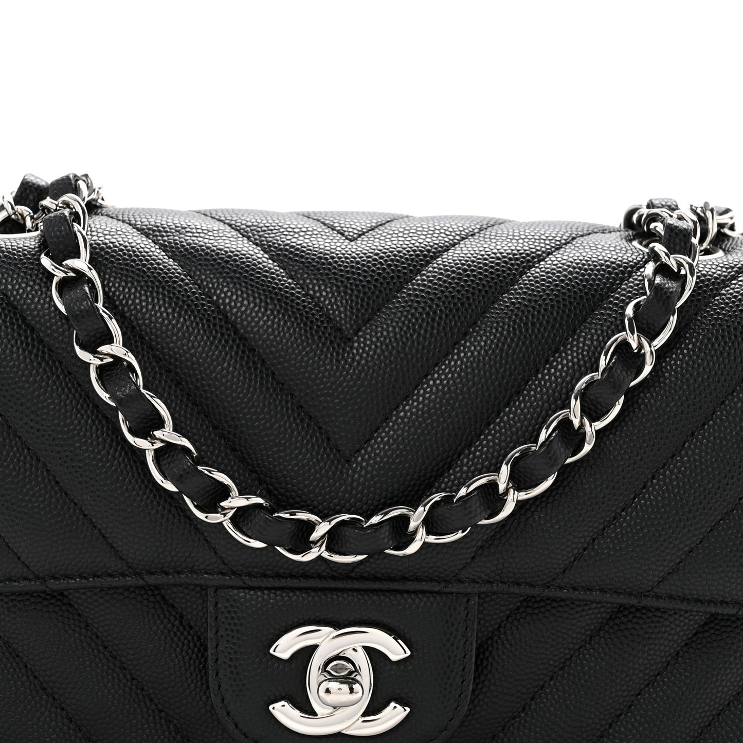 Caviar Chevron Quilted Mini Rectangular Flap Black