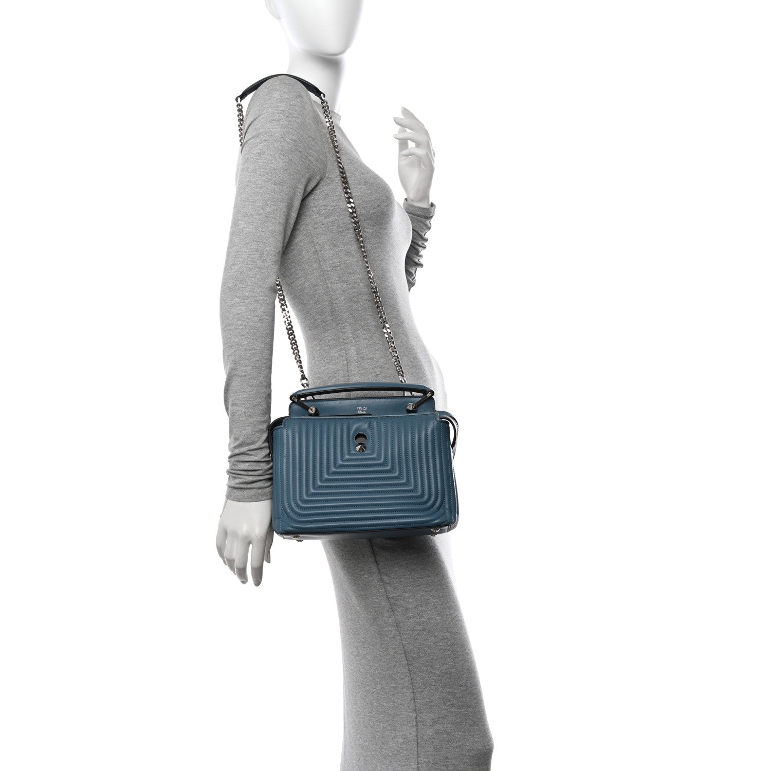 Fendi Shiny Nappa Trapuntata Small DotCom Click Top Handle Chain Satchel Blue 2 of 15