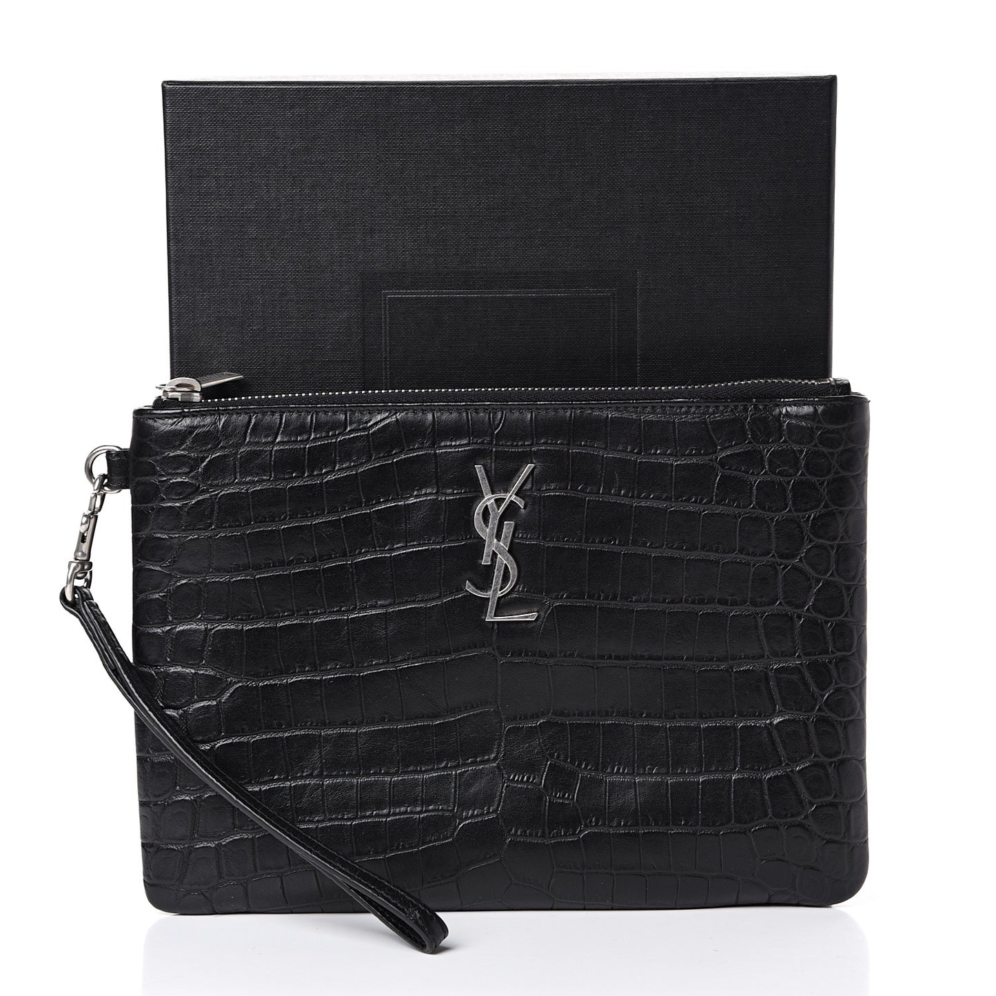 Calfskin Crocodile Embossed Monogram Zip Pouch Black