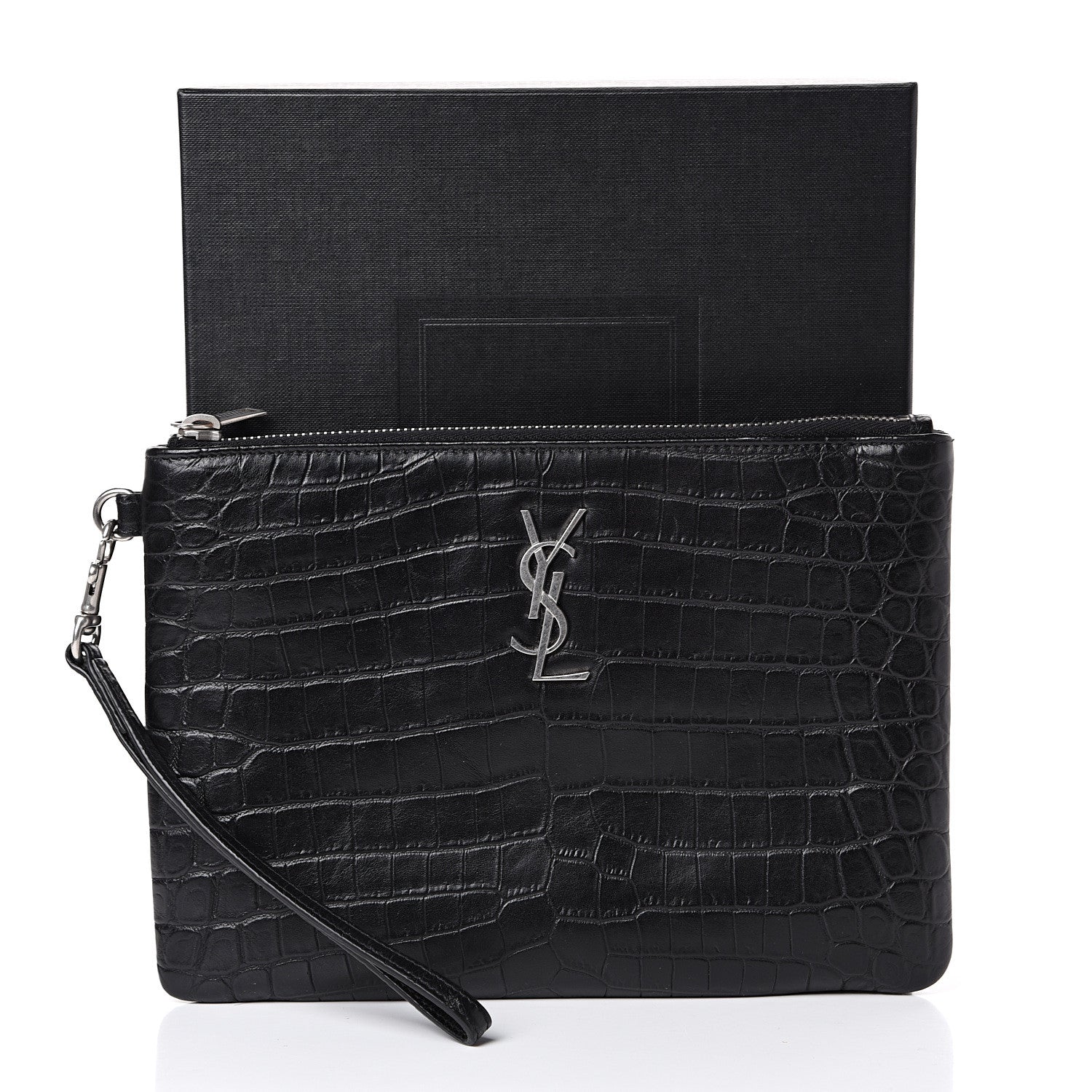 Saint Laurent Calfskin Crocodile Embossed Monogram Zip Pouch Black 9 of 9