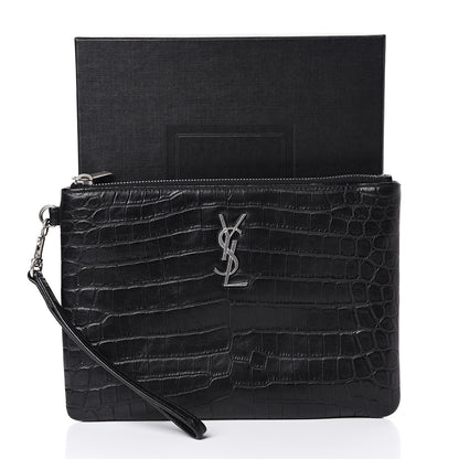 Saint Laurent Calfskin Crocodile Embossed Monogram Zip Pouch Black 9 of 9