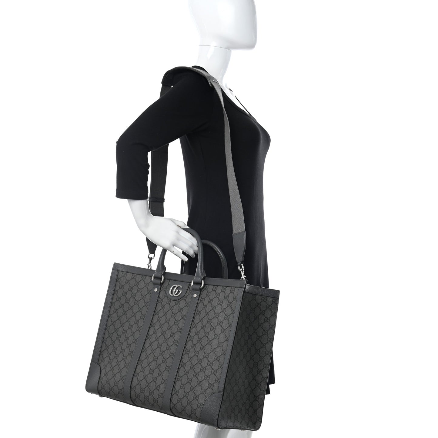 GG Supreme Monogram Textured Dollar Calfskin Large Ophidia Tote Bag Grey Black Graphite Grey