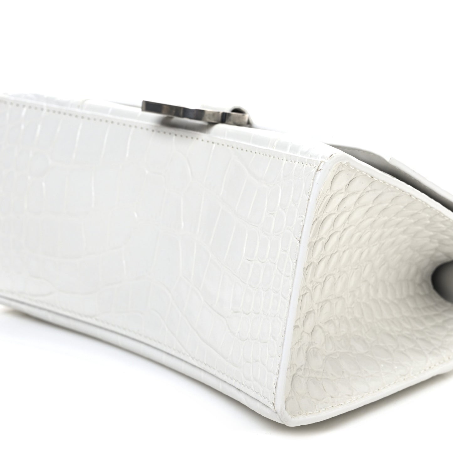 Shiny Calfskin Crocodile Embossed Small Hourglass Top Handle Bag Optic White
