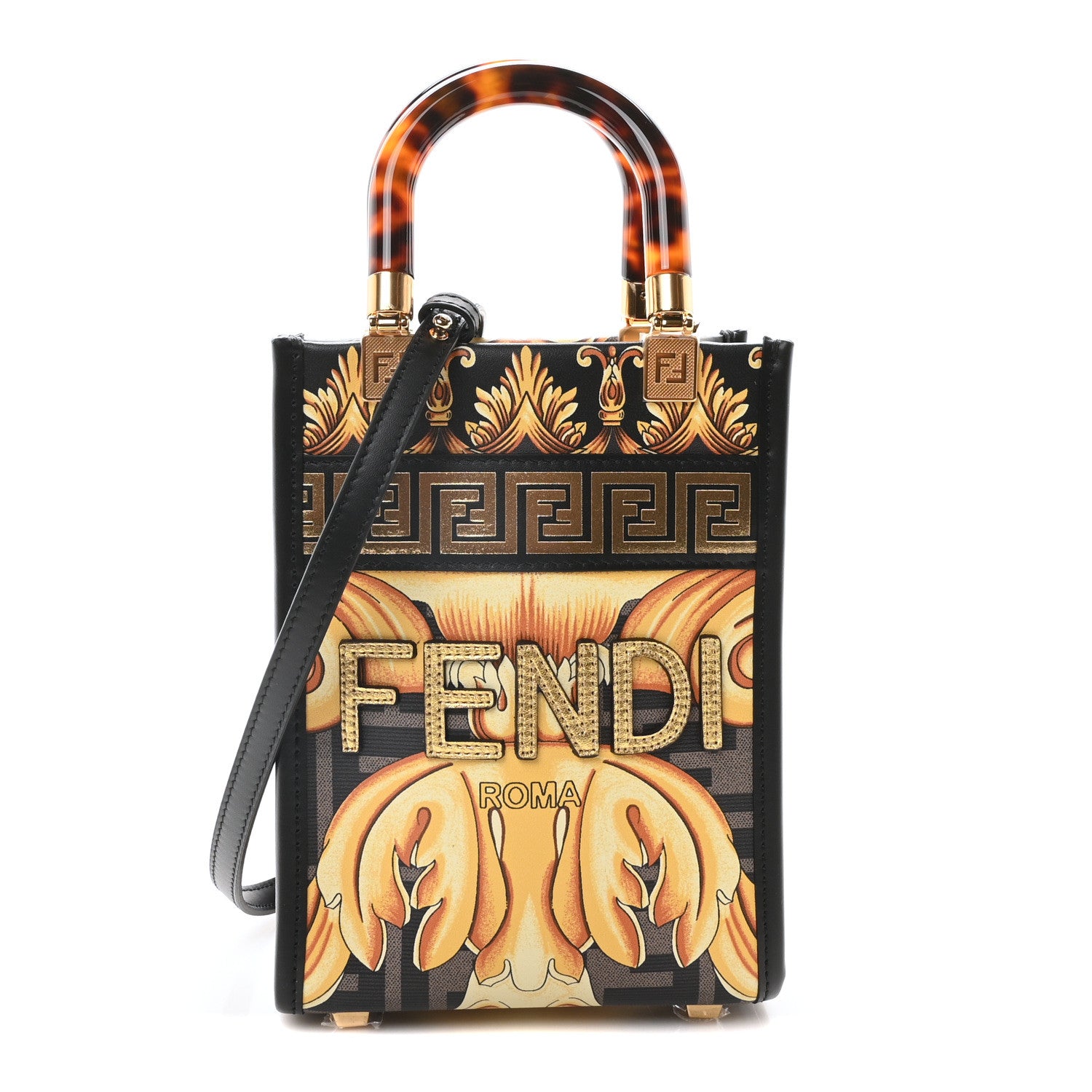 Fendi X VERSACE Vitello King Catalan Mirror Plexiglass Fendace FF Baroque Logo Mini Fendi Sunshine Shopper Tote Black Gold 1 of 9