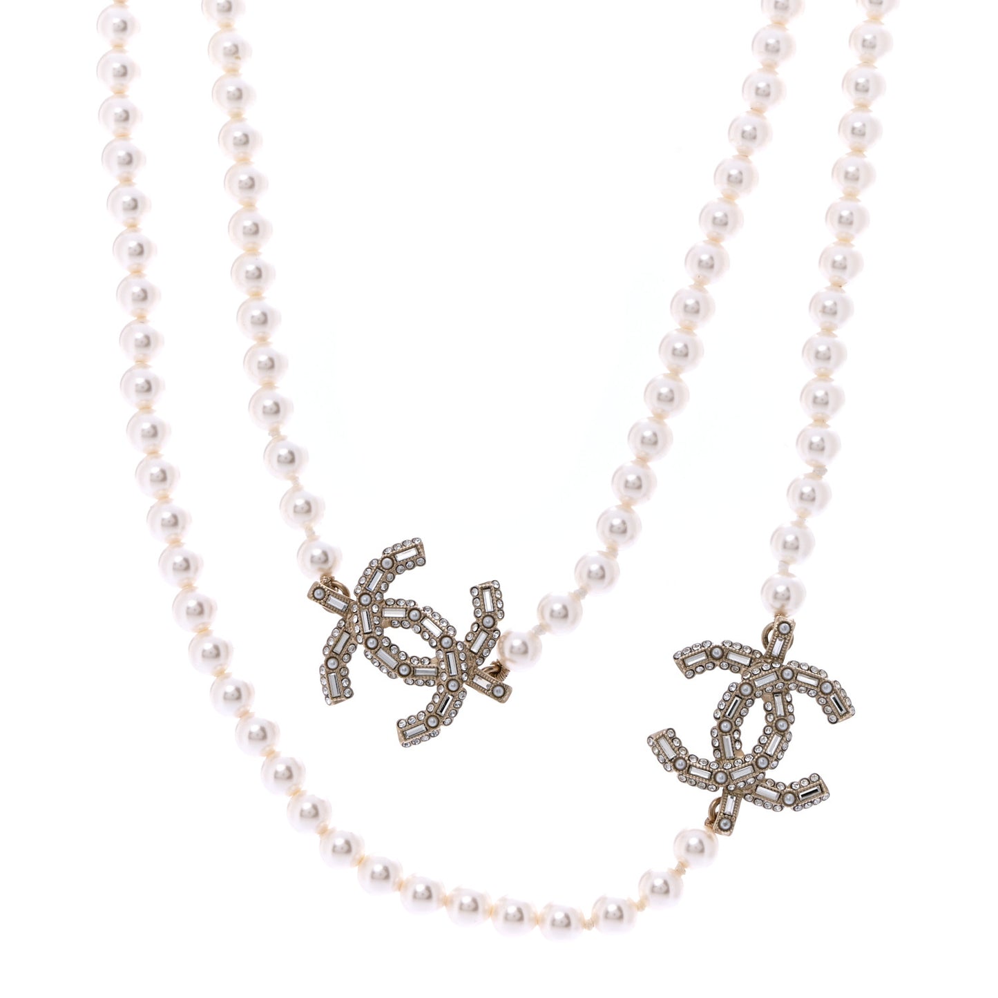 Pearl Baguette Crystal CC Long Necklace Gold