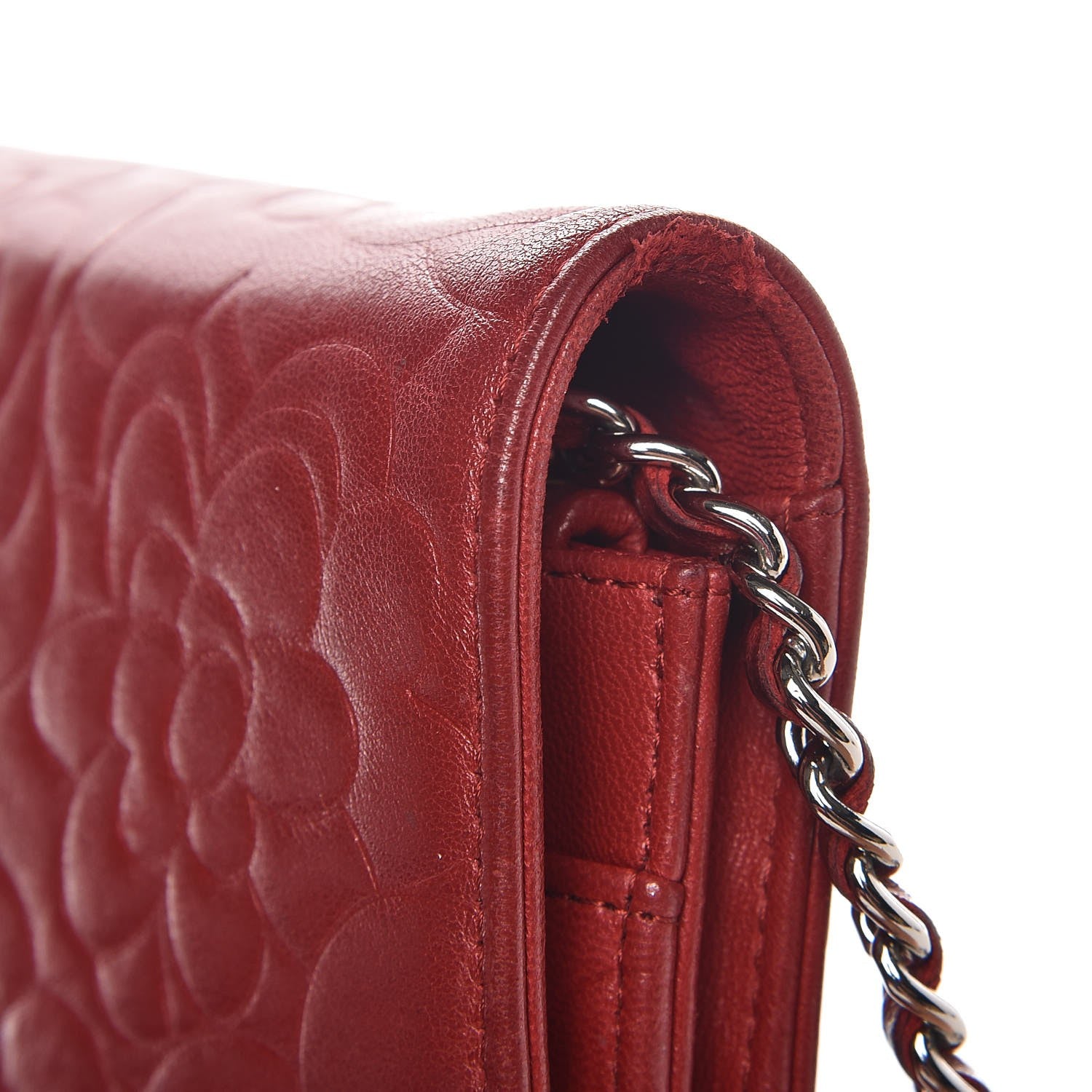 Chanel Lambskin Camellia Embossed Wallet On Chain WOC Dark Red 15 of 18
