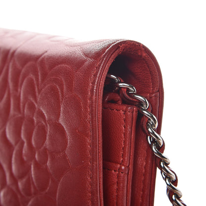 Chanel Lambskin Camellia Embossed Wallet On Chain WOC Dark Red 15 of 18