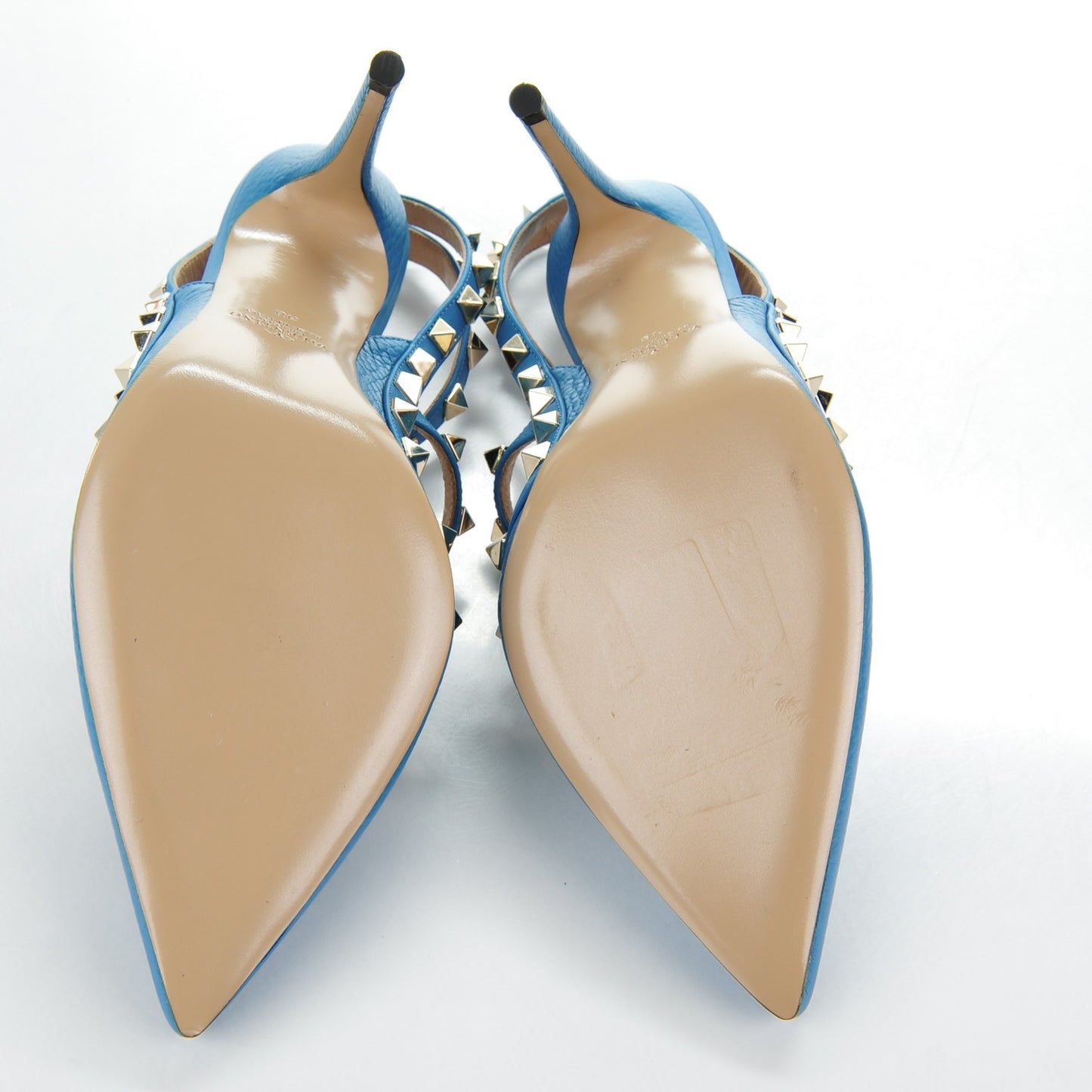 Pebbled Calfskin Rockstud Ankle Strap Pumps 38 Light Blue