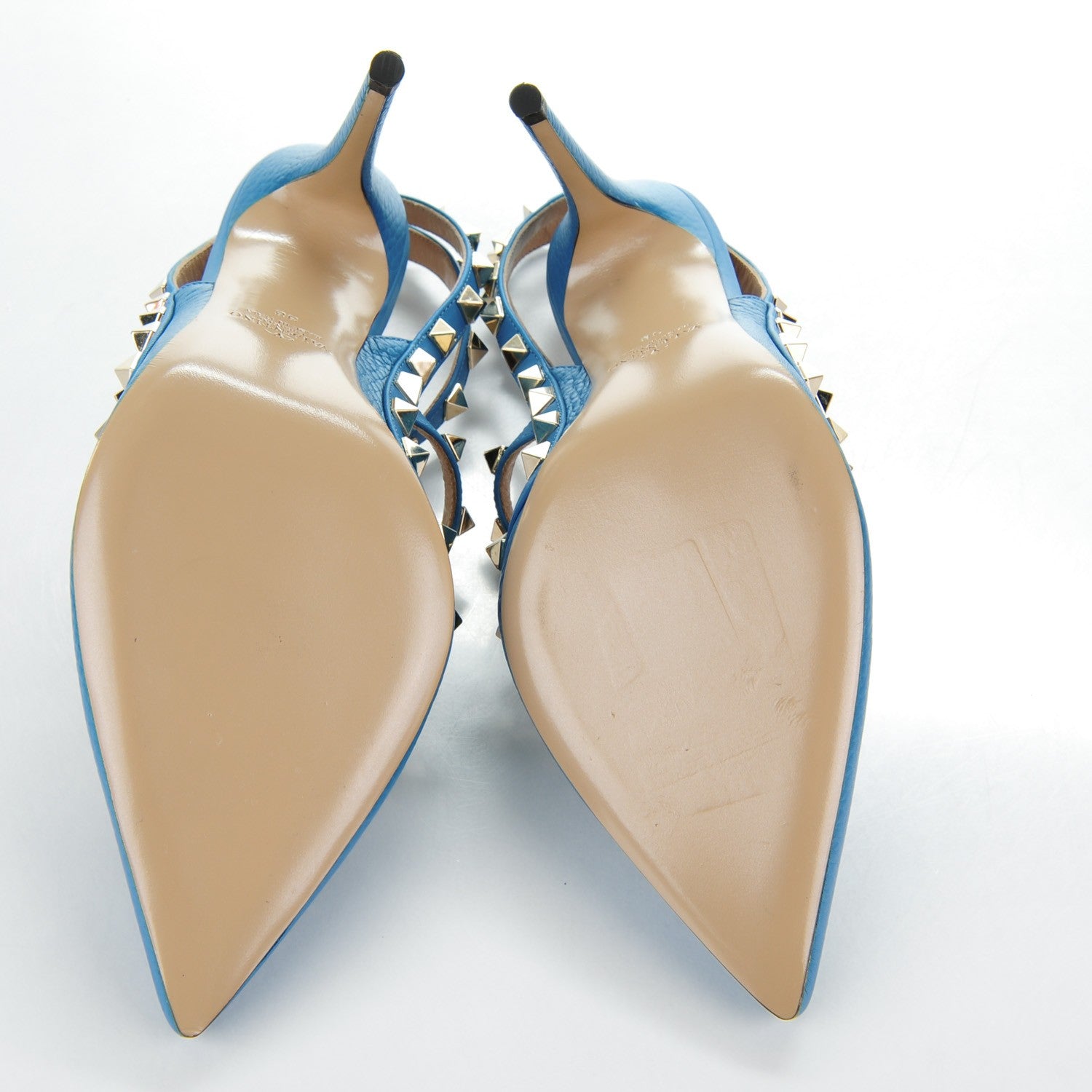 Valentino Garavani Pebbled Calfskin Rockstud Ankle Strap Pumps 38 Light Blue 7 of 8