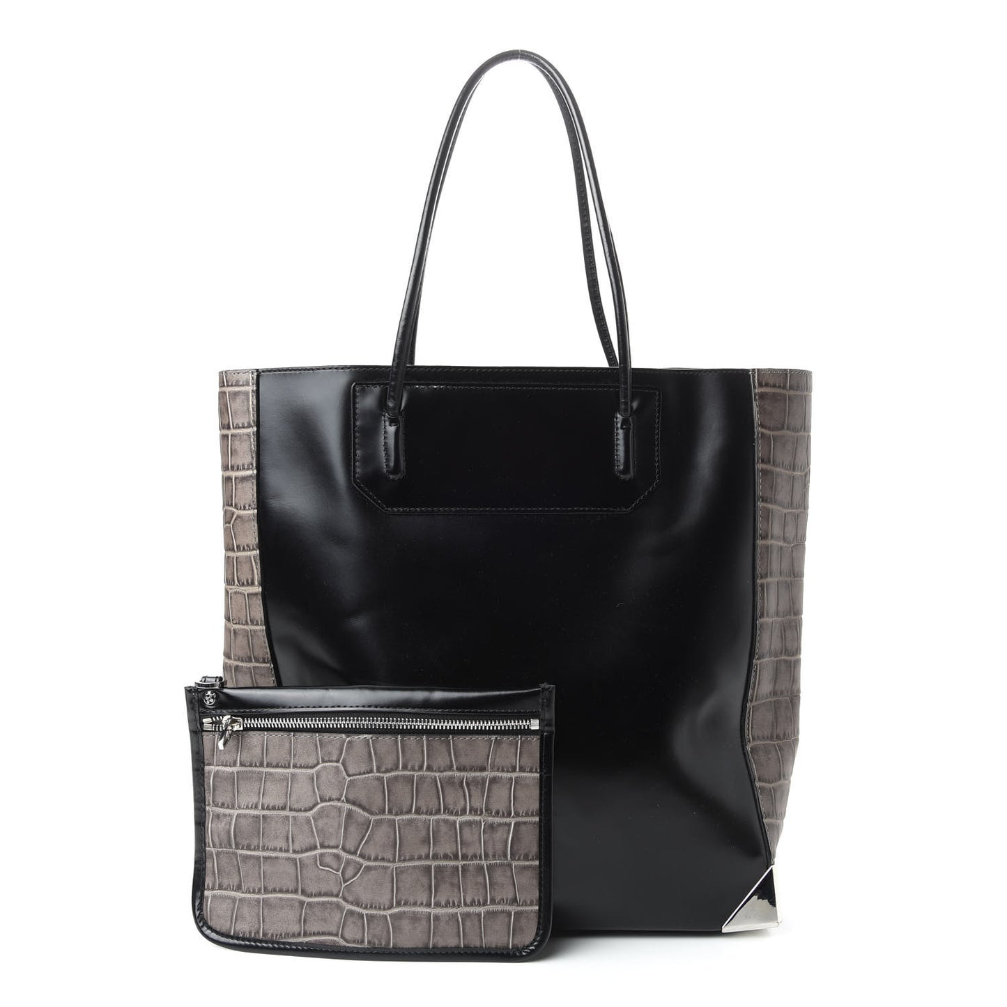 Calfskin Crocodile Embossed Prisma Skeletal Tote Black Silver Hardware