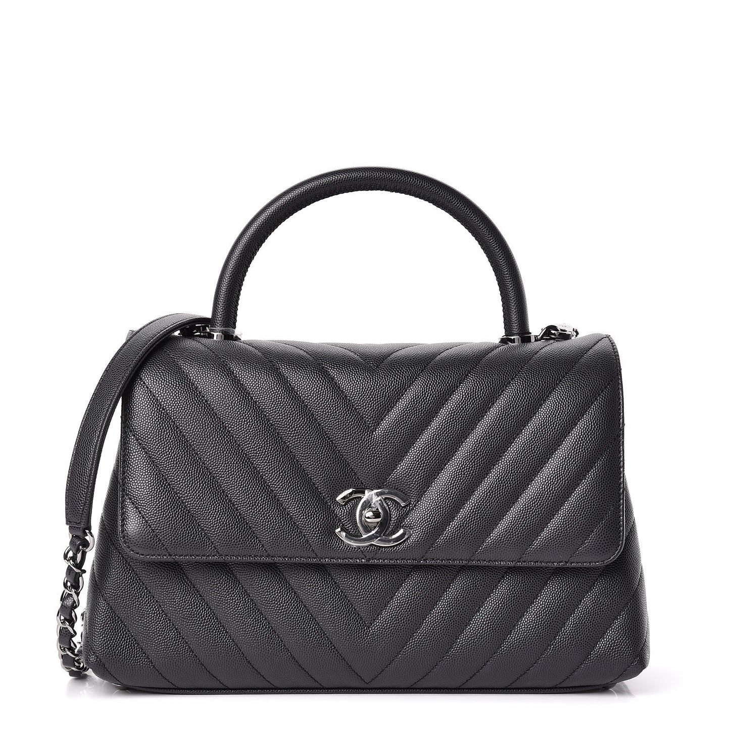 Caviar Chevron Quilted Small Coco Handle Flap Dark Grey
