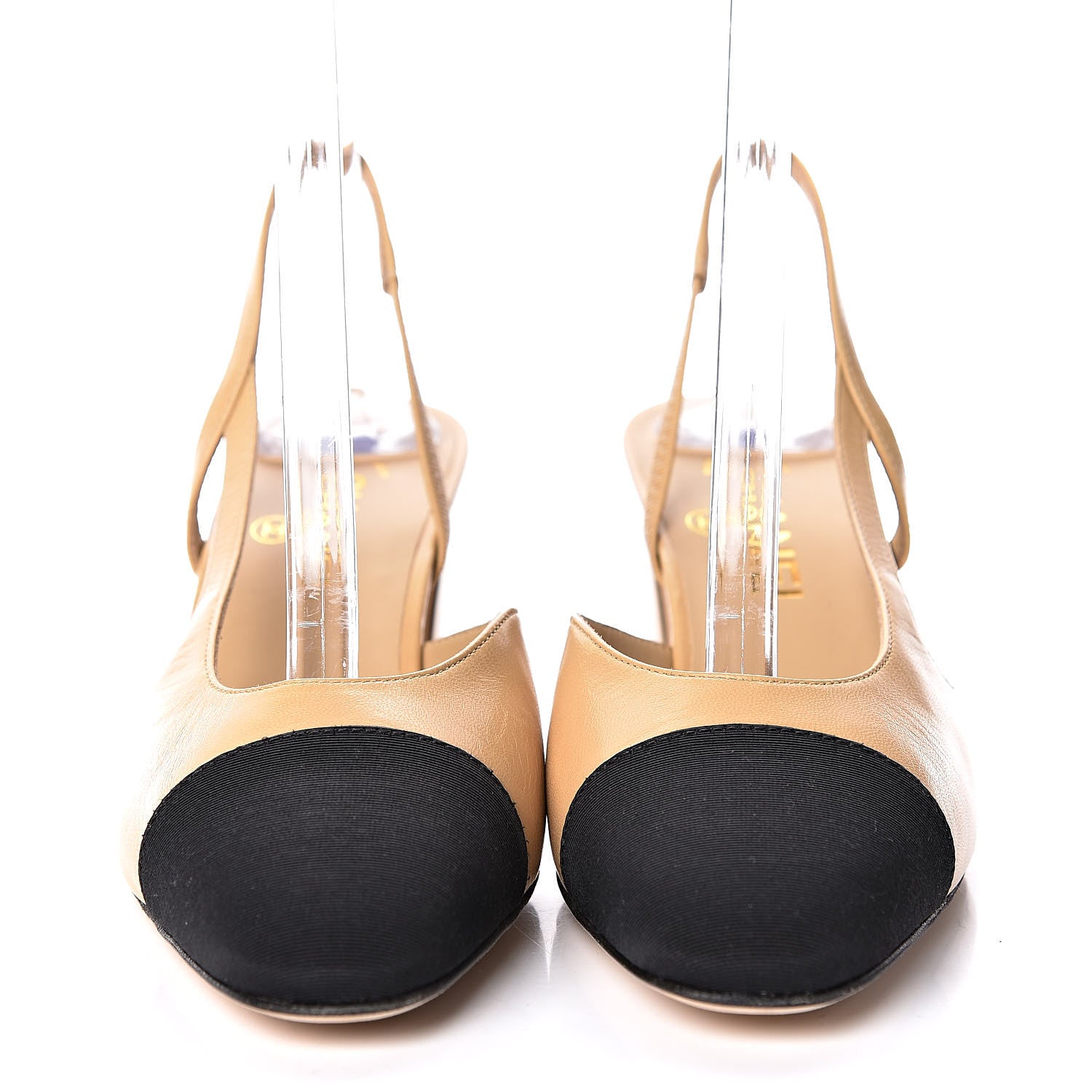 Chanel Goatskin Grosgrain Cap Toe CC Slingback Pumps 37.5 Beige Black 2 of 10