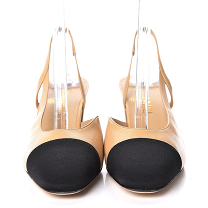 Chanel Goatskin Grosgrain Cap Toe CC Slingback Pumps 37.5 Beige Black 2 of 10