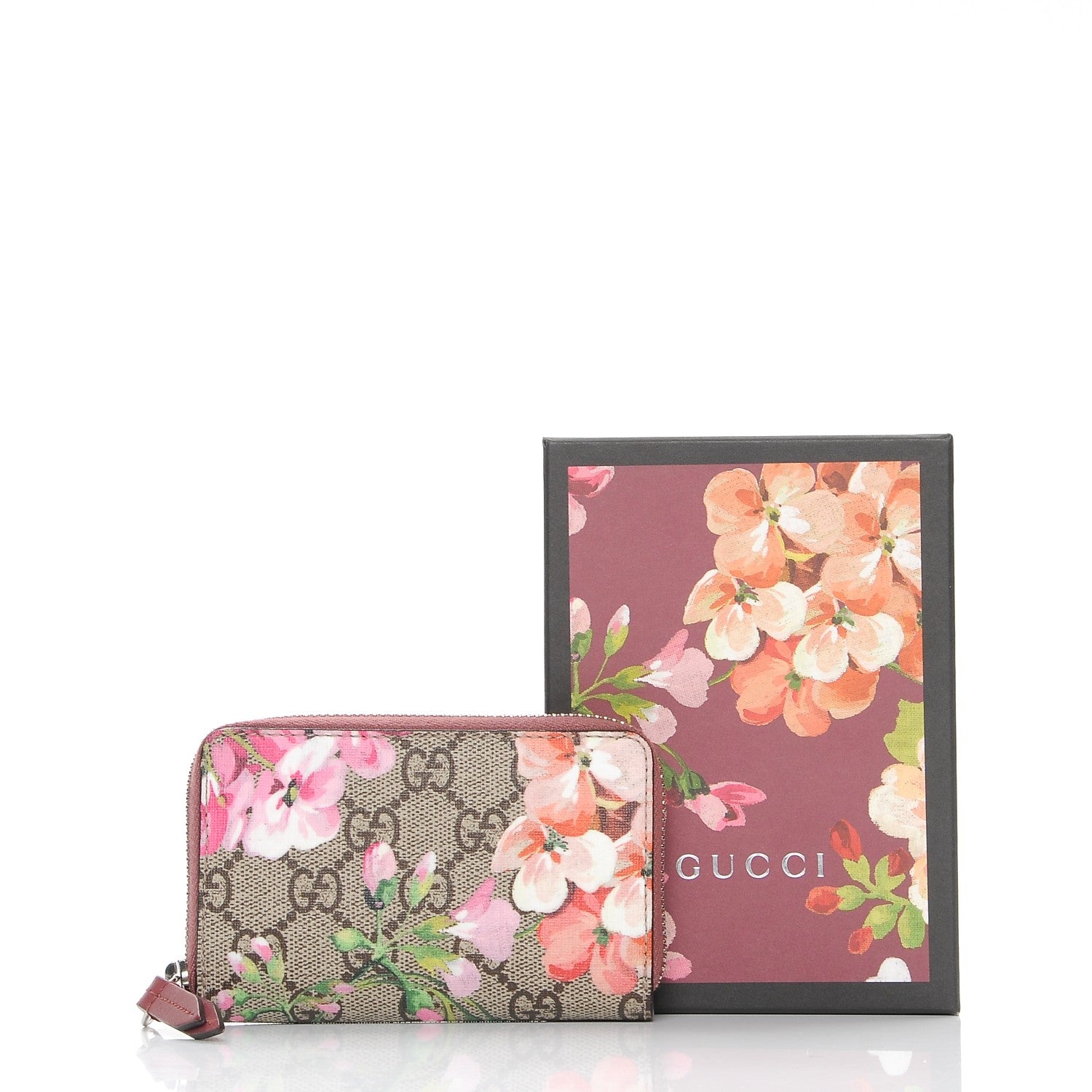 Gucci GG Supreme Monogram Blooms Zip Around Card Case Wallet Beige Multicolor Dry Rose 7 of 7