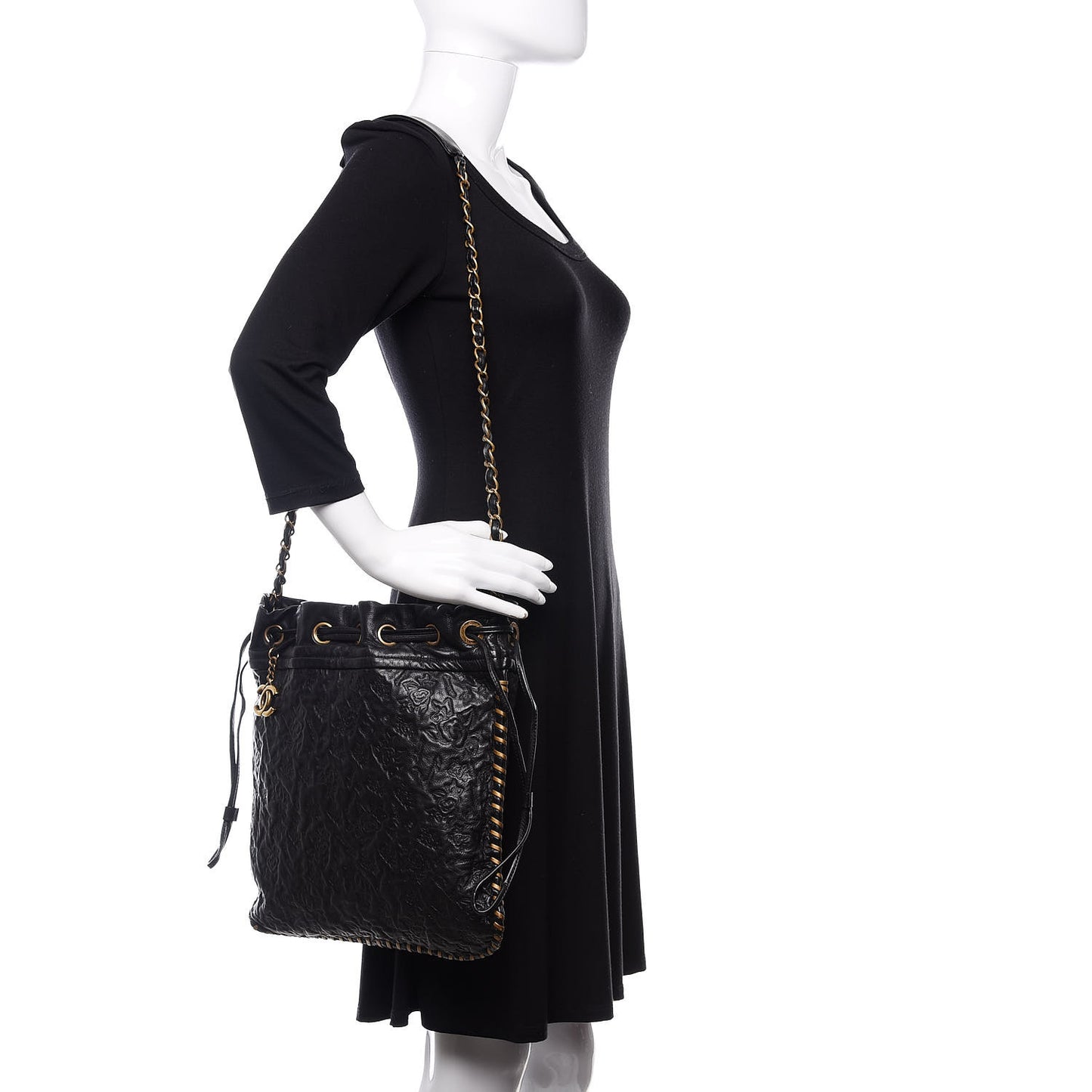 Calfskin Camellia Embossed Drawstring Shoulder Bag Black