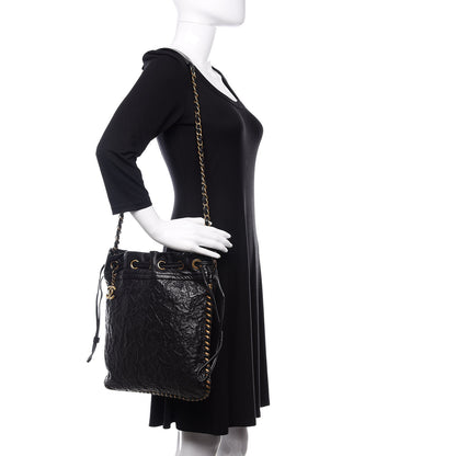 Chanel Calfskin Camellia Embossed Drawstring Shoulder Bag Black 2 of 10