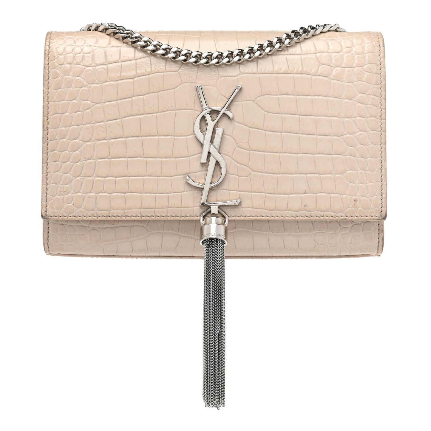 Calfskin Crocodile Embossed Small Classic Monogram Kate Tassel Satchel Crema Soft