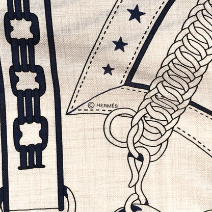 Hermes Cashmere Silk La Promenade du Matin Bandana Shawl 140 Naturel Marine Black 3 of 4