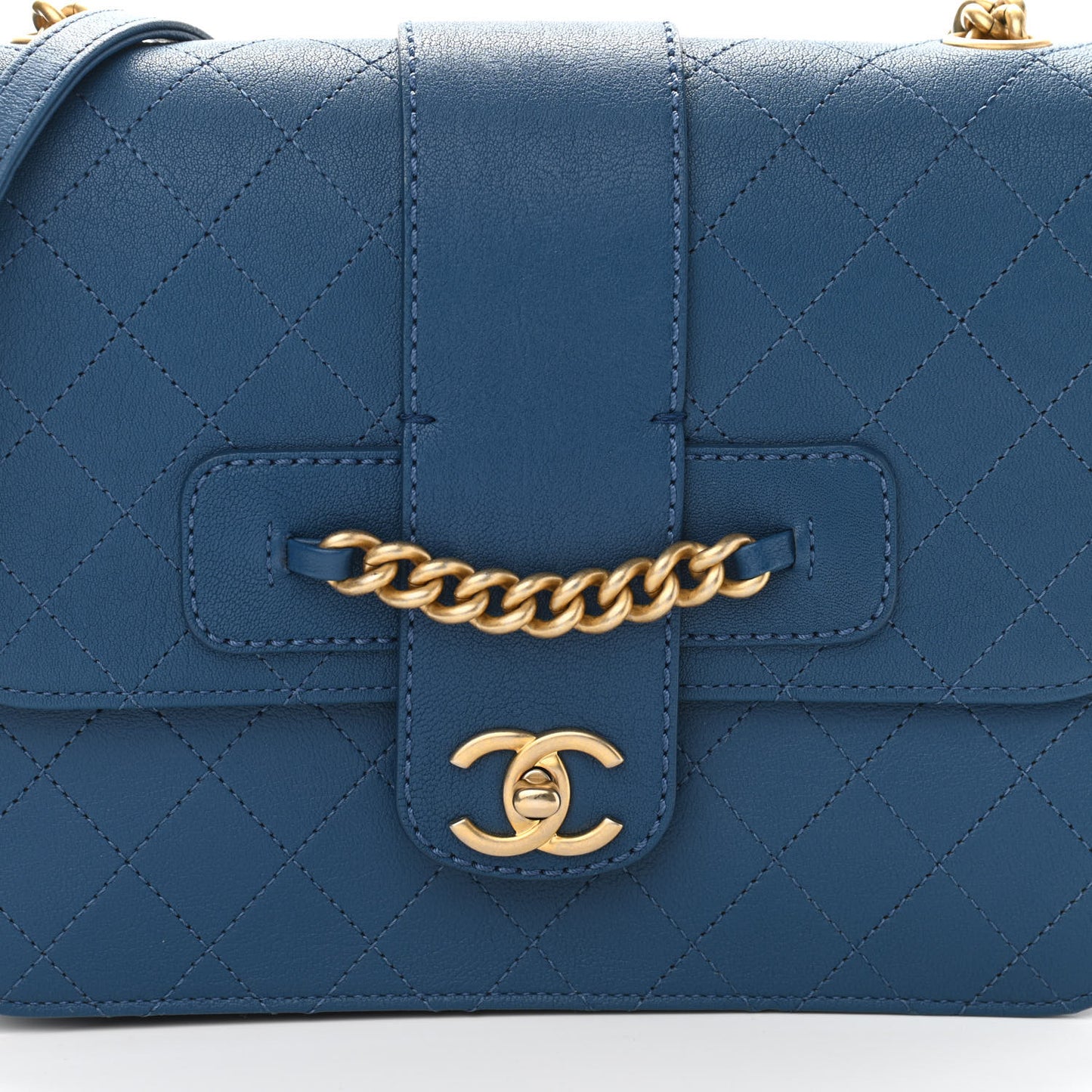 Sheepskin Stitched Chain Large Flap Bag Blue