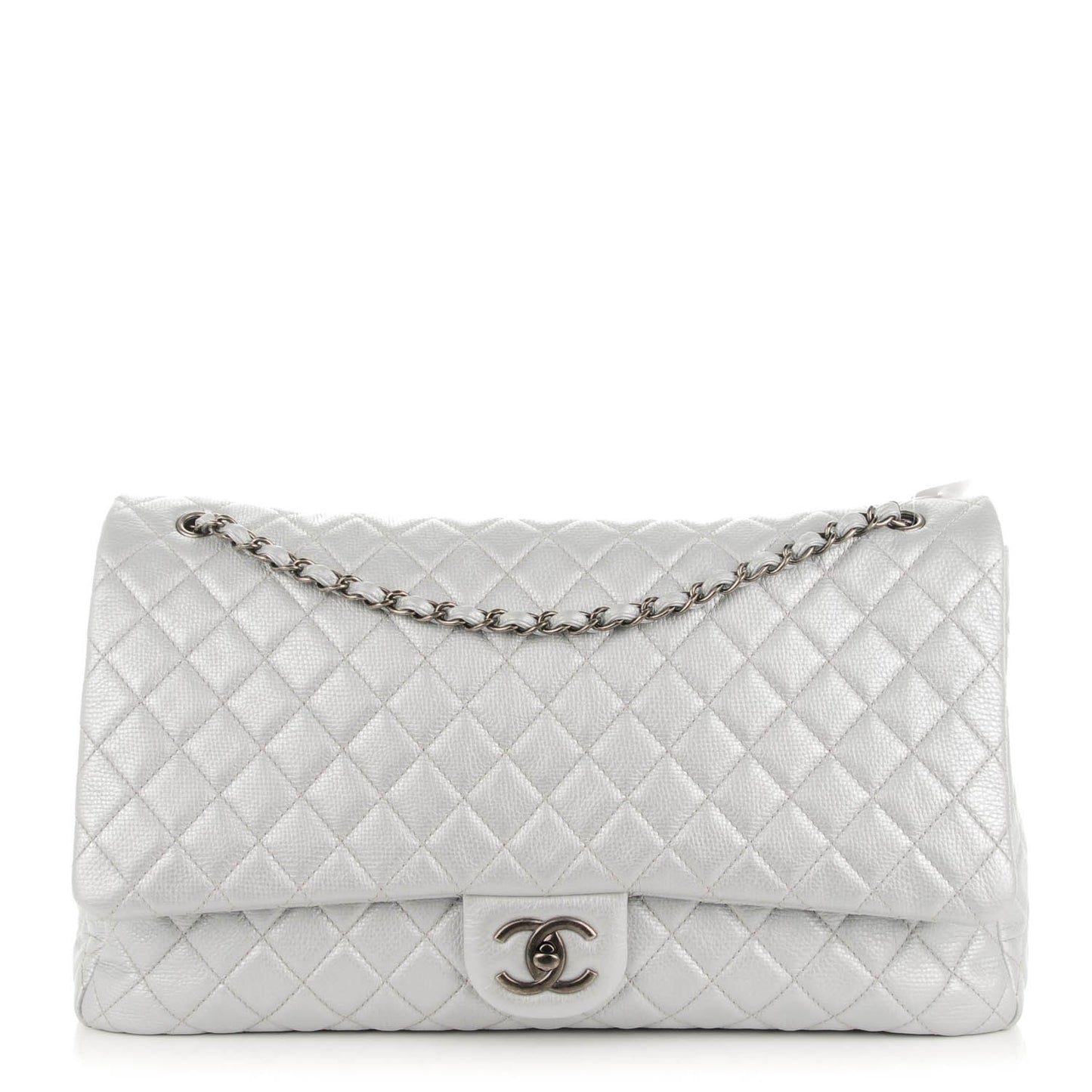 Calfskin Quilted XXL Travel Flap Bag Silver