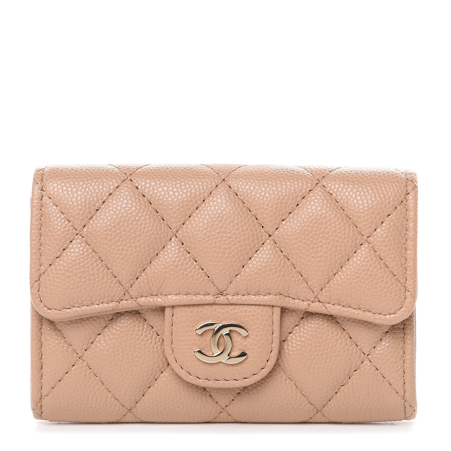 Caviar Quilted Flap Card Holder Wallet Beige