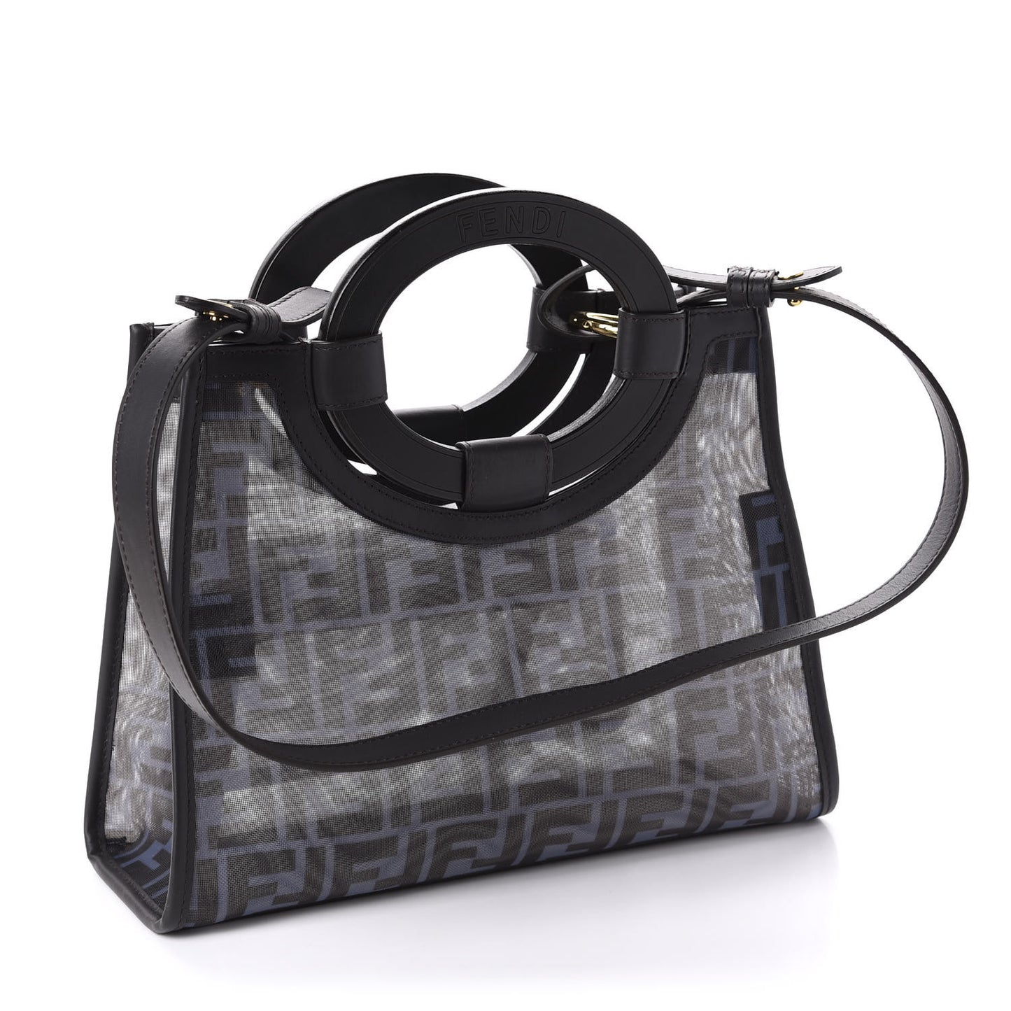 Mesh Vitello Century Cuoio FF 1974 Small Runaway Shopper Tote Azzurro Black Ebano
