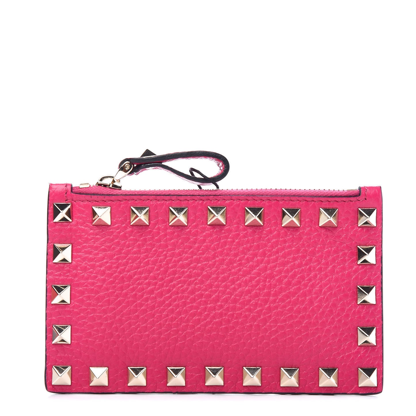 Pebbled Calfskin Rockstud Coin Case Card Holder Disco Pink