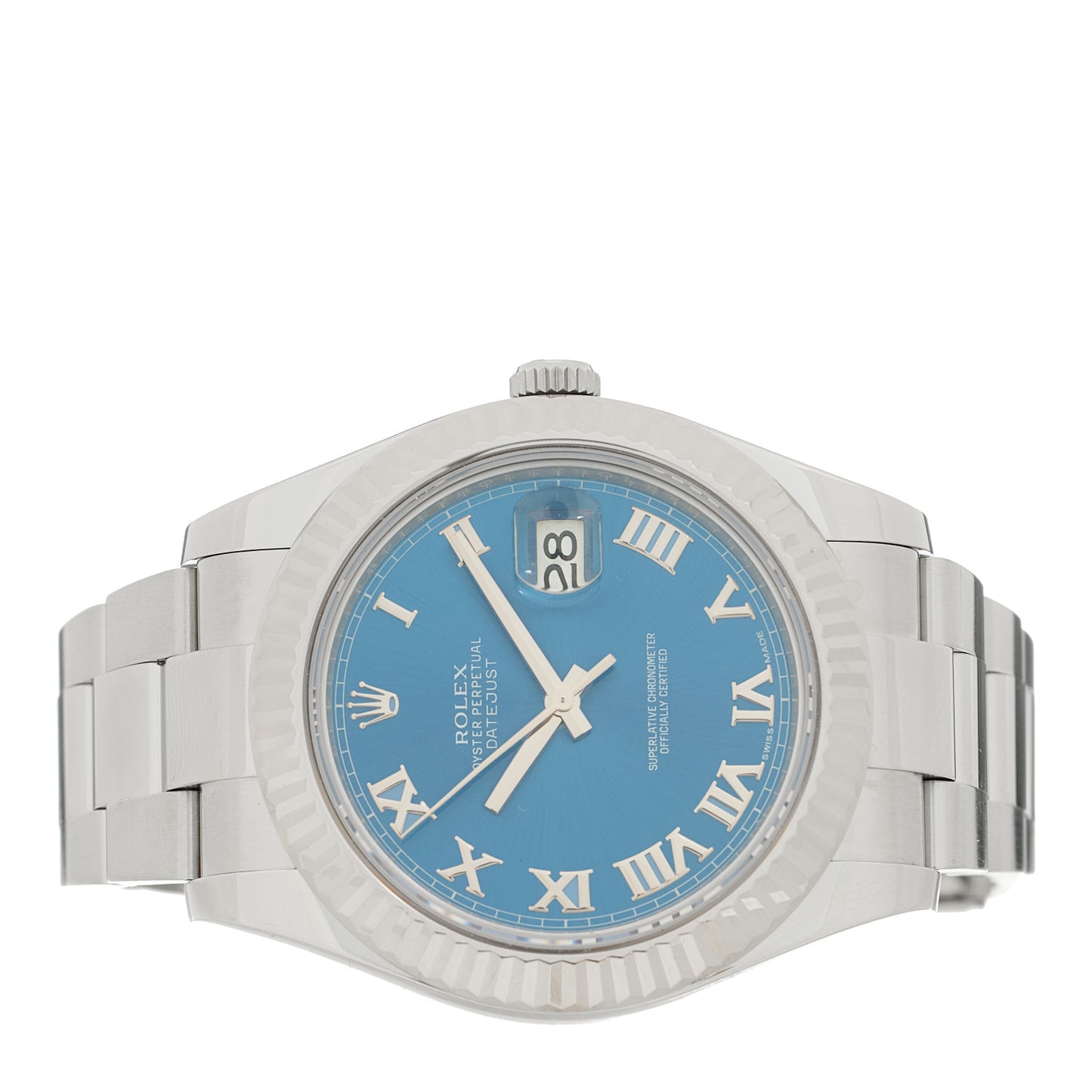 Stainless Steel 18K White Gold 41mm Oyster Perpetual Datejust Watch Blue Roman 116334