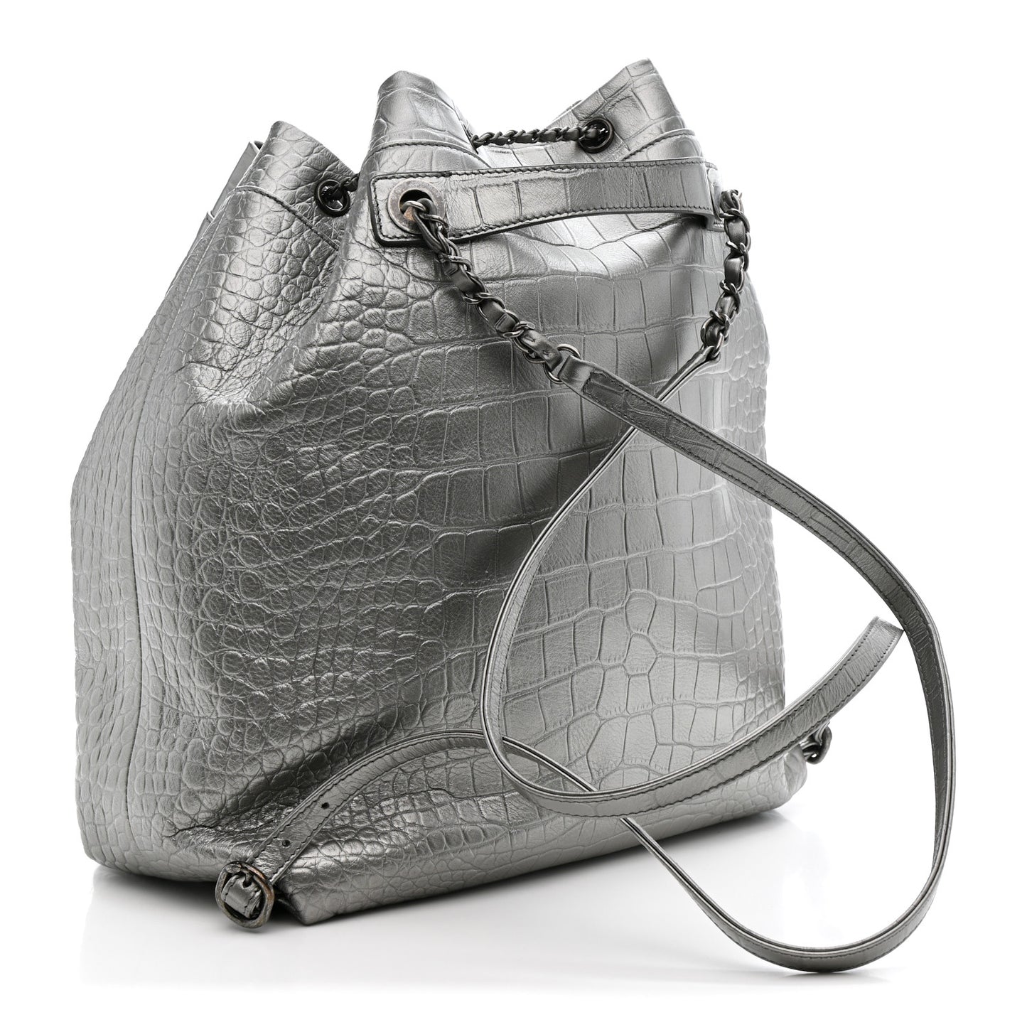 Metallic Calfskin Crocodile Embossed Large Backpack Silver