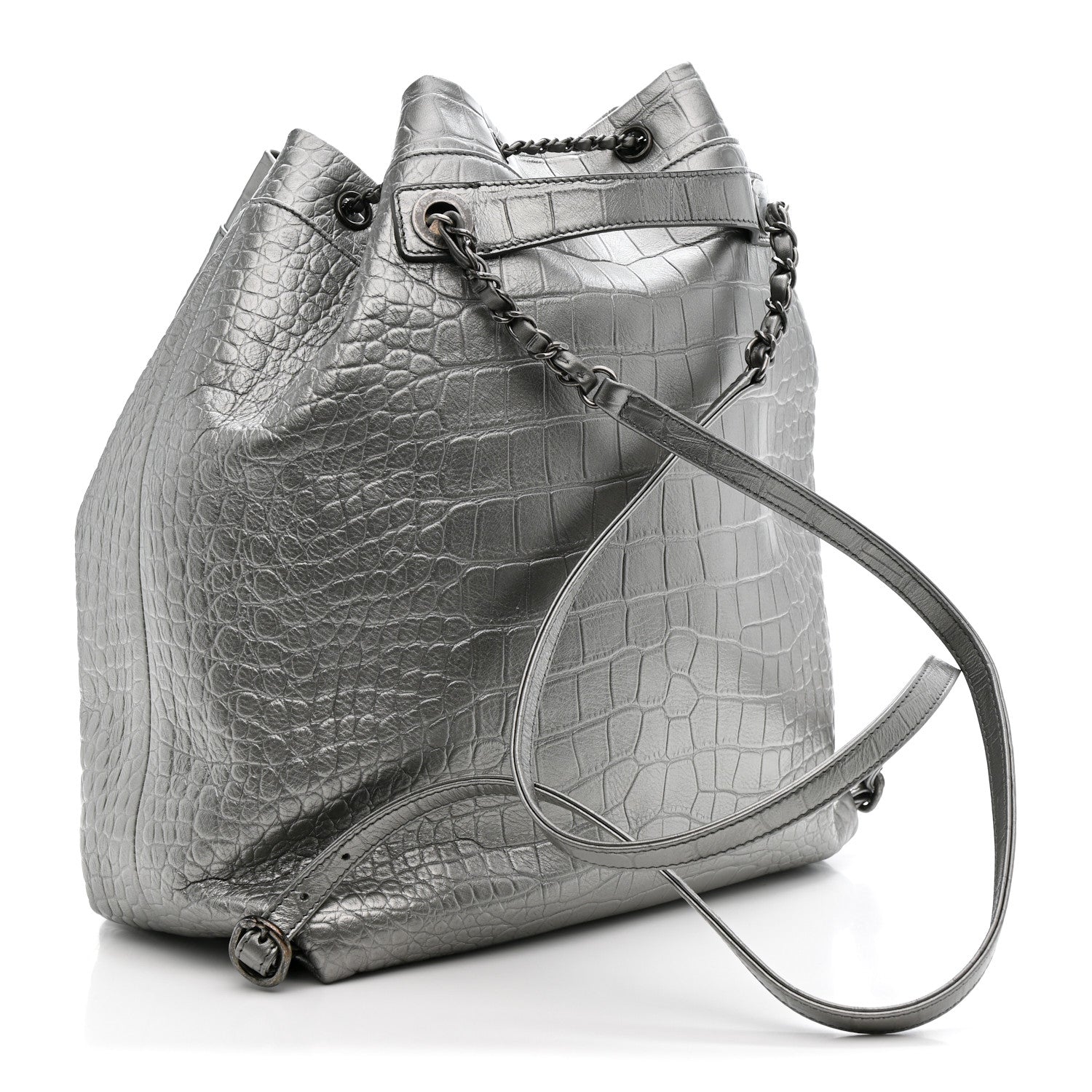 Chanel Metallic Calfskin Crocodile Embossed Large Backpack Silver 3 of 10