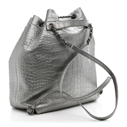 Chanel Metallic Calfskin Crocodile Embossed Large Backpack Silver 3 of 10