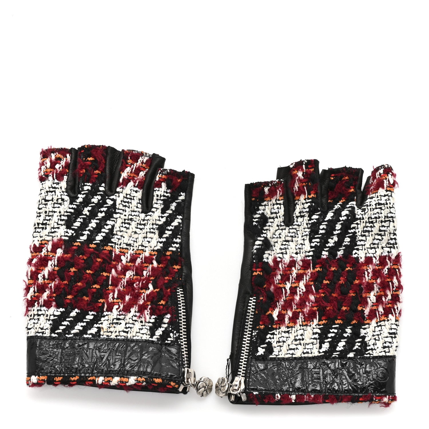 Chanel Tweed Lambskin Fingerless CC Gloves 8.5 Black White Red 2 of 8