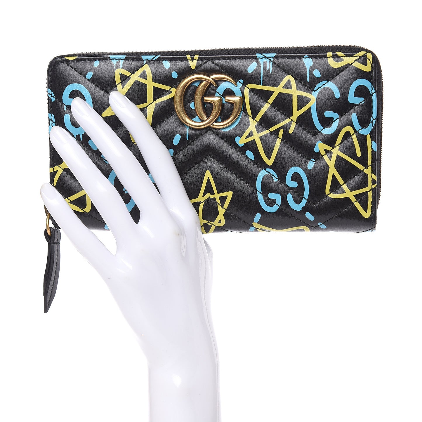 Calfskin Matelasse GucciGhost GG Marmont Zip Around Wallet Black New Acquamarine