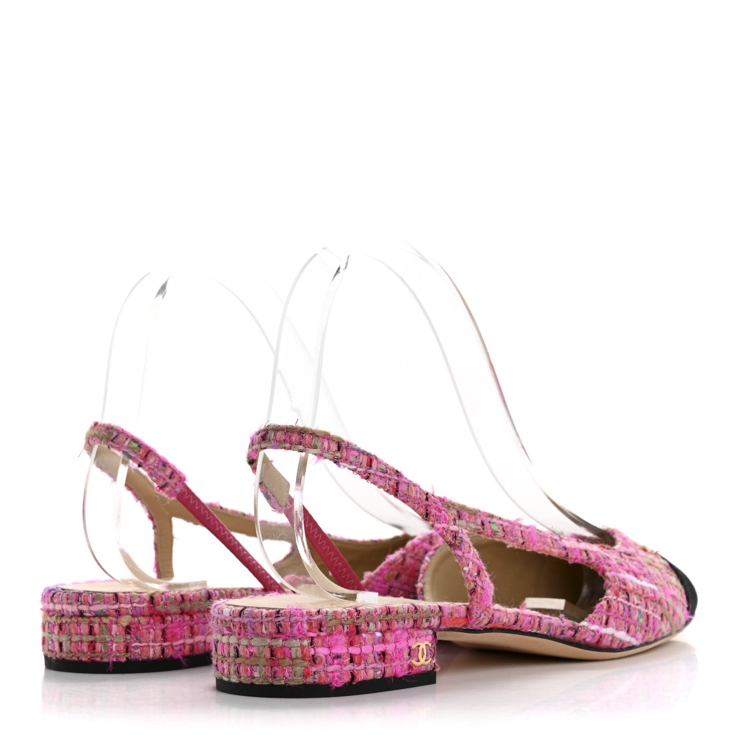 Chanel Tweed Grosgrain Cap Toe CC Slingback Flat 40 Pink Black 5 of 12