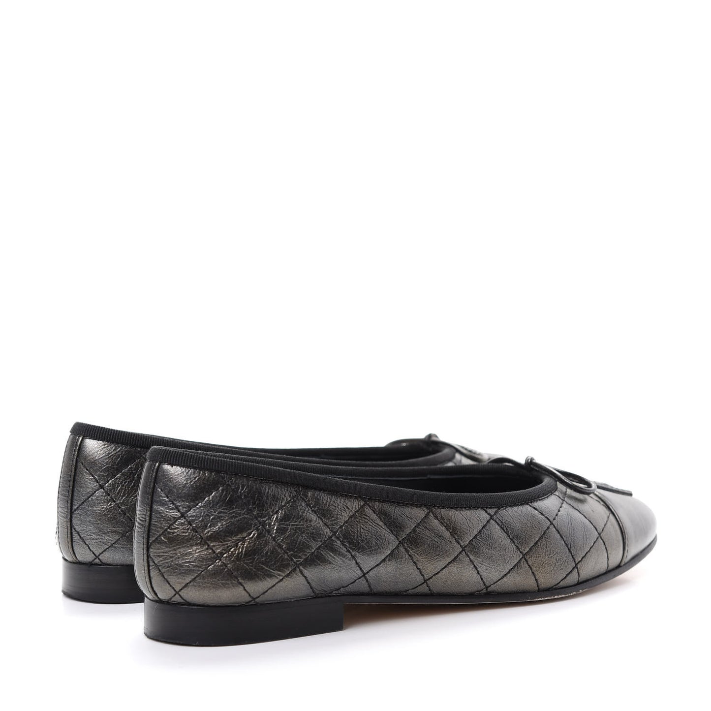 Metallic Aged Calfskin Quilted CC Cap Toe Ballerina Flats 37.5 Dark Silver
