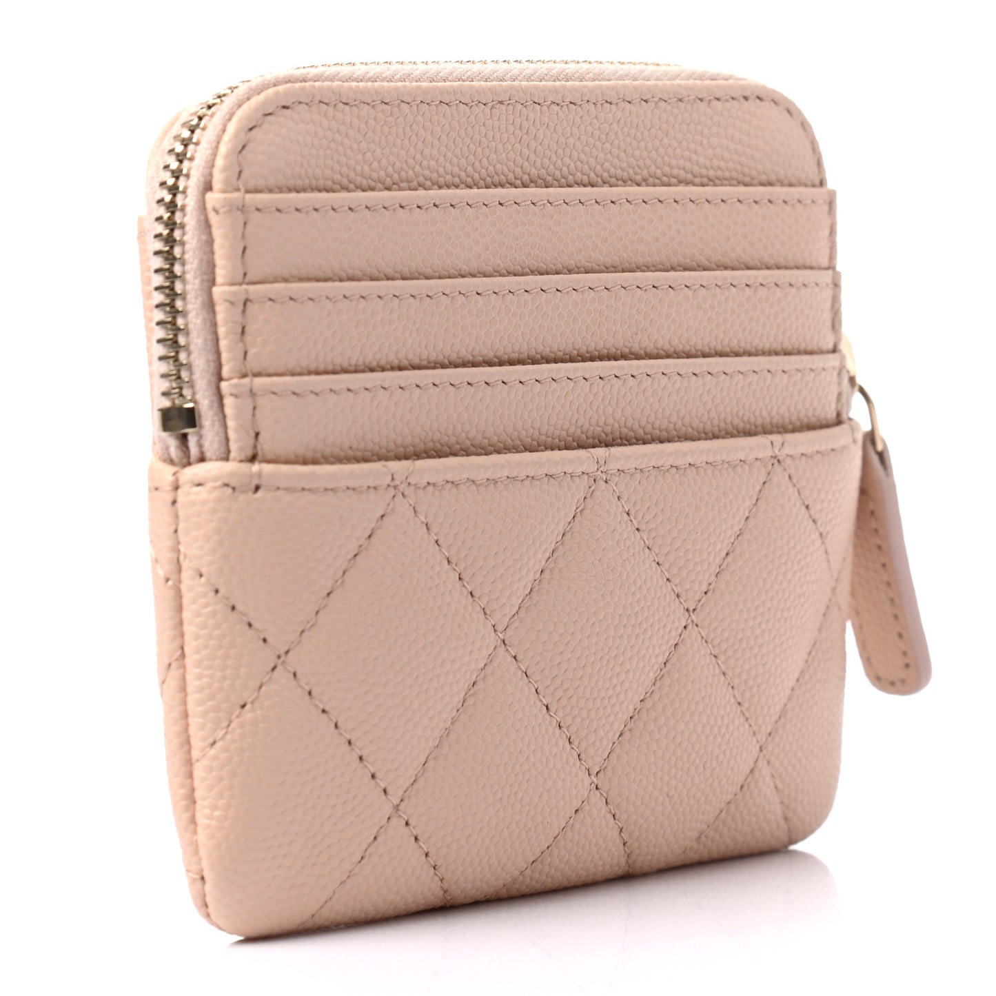 Caviar Quilted Zip Card Holder Wallet Light Beige