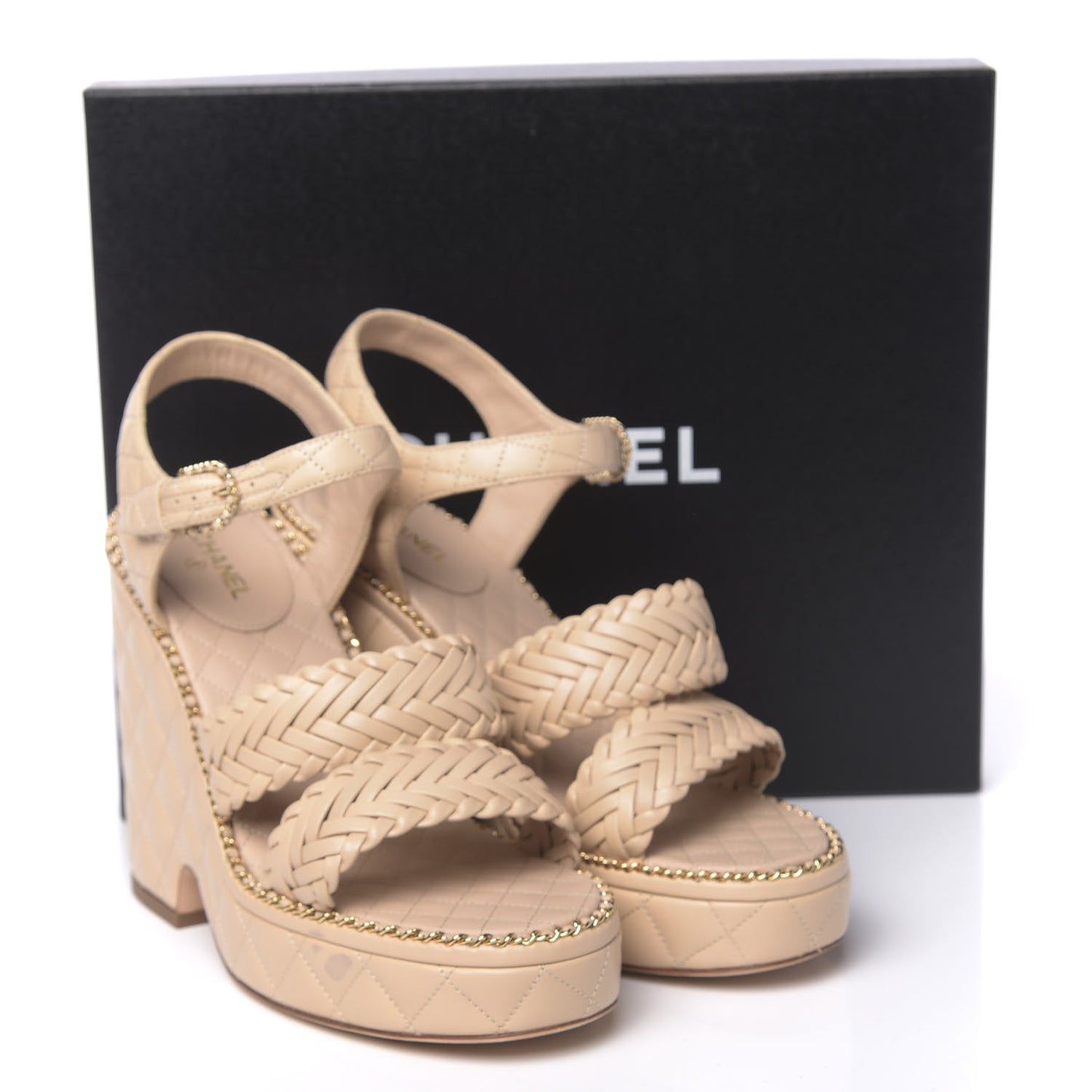 Calfskin Quilted Chain Around Wedge Sandals 40 Light Beige