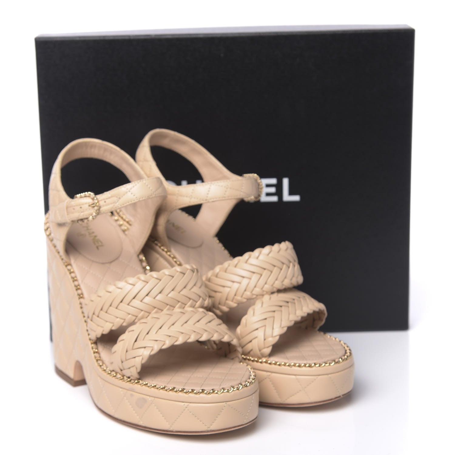 Chanel Calfskin Quilted Chain Around Wedge Sandals 40 Light Beige 9 of 9