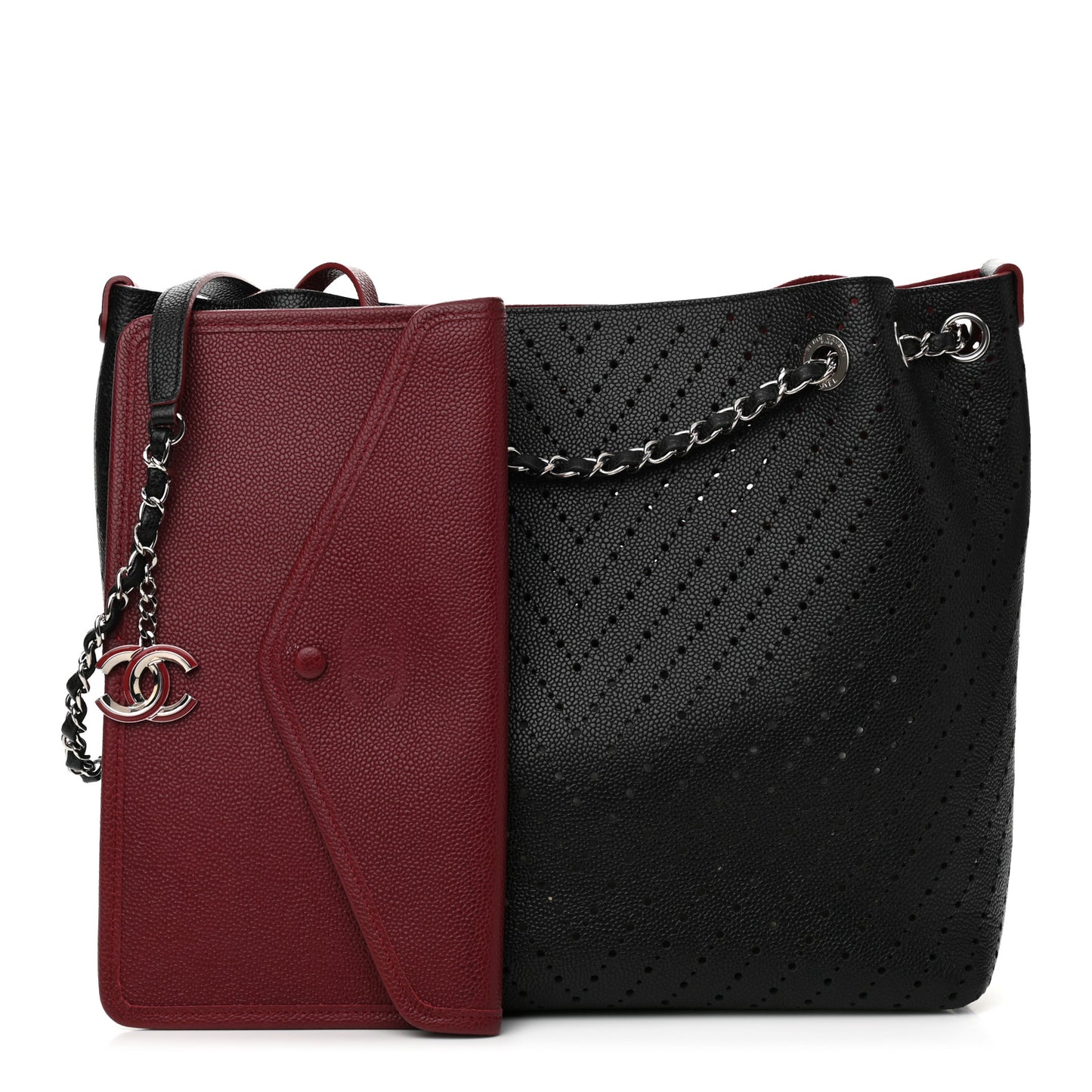 Perforated Caviar Drawstring Bucket Bag Black