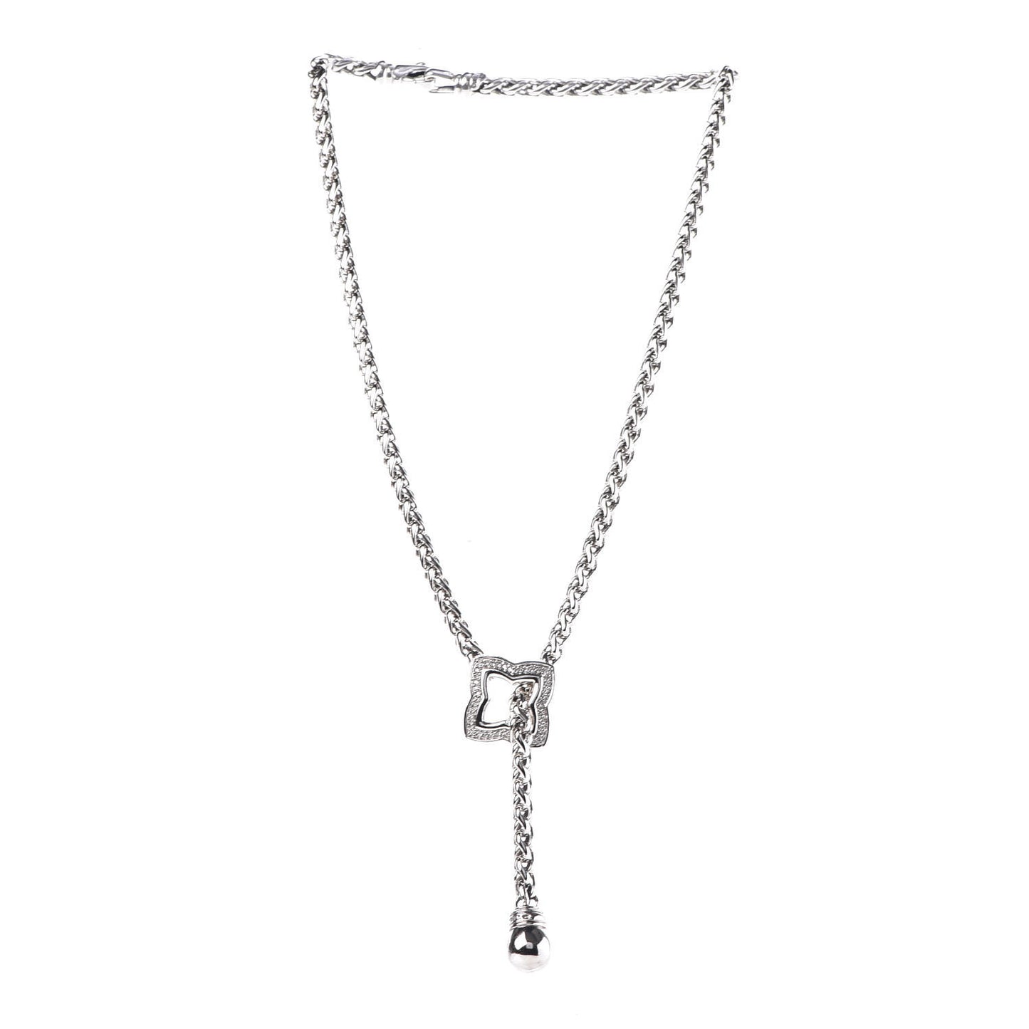 Sterling Silver Diamond Quatrefoil Lariat Wheat Chain Necklace