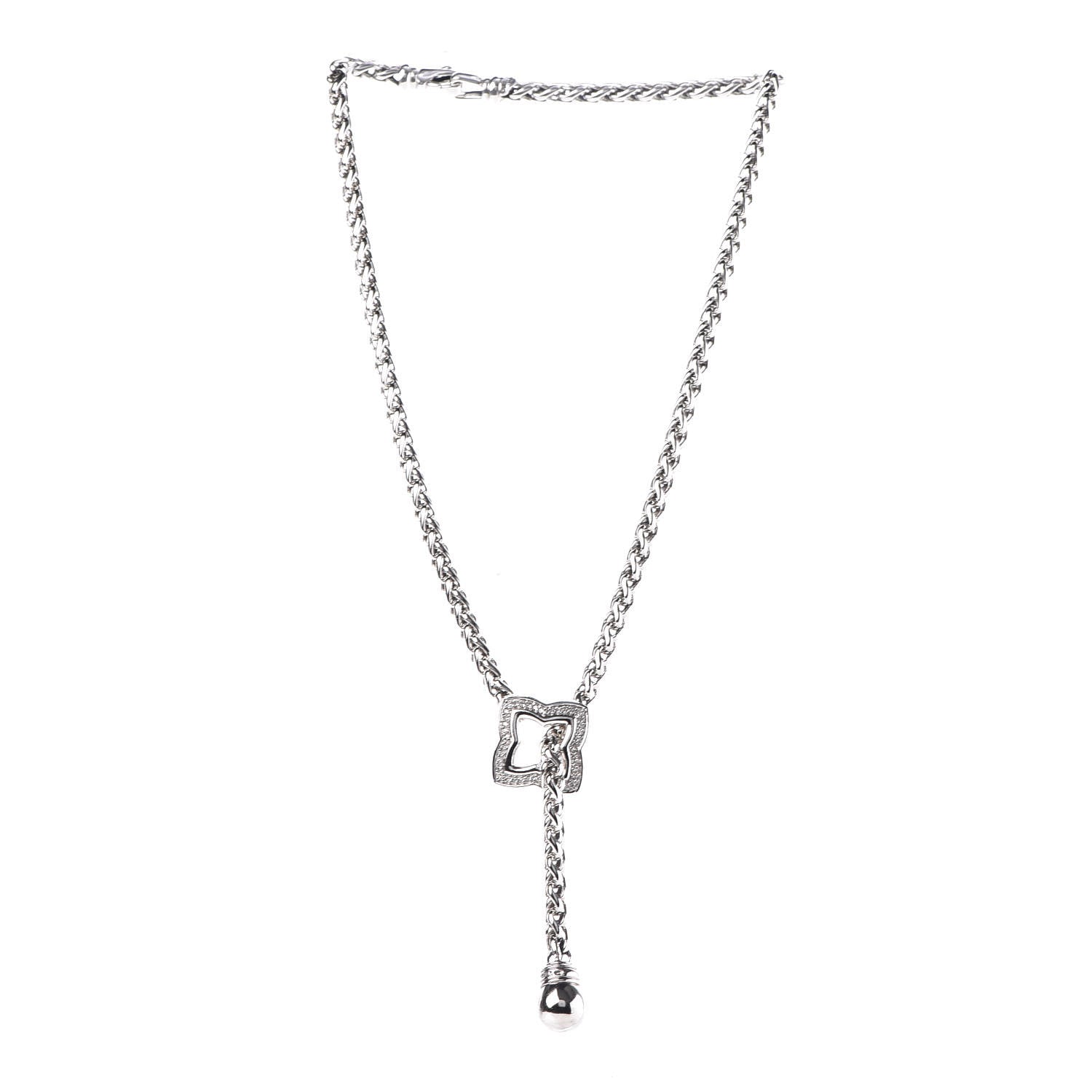 David Yurman Sterling Silver Diamond Quatrefoil Lariat Wheat Chain Necklace 3 of 7
