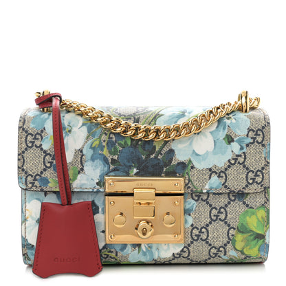 Gucci GG Supreme Monogram Blooms Small Padlock Shoulder Bag Beige Blue Navy Hibiscus Red 1 of 12