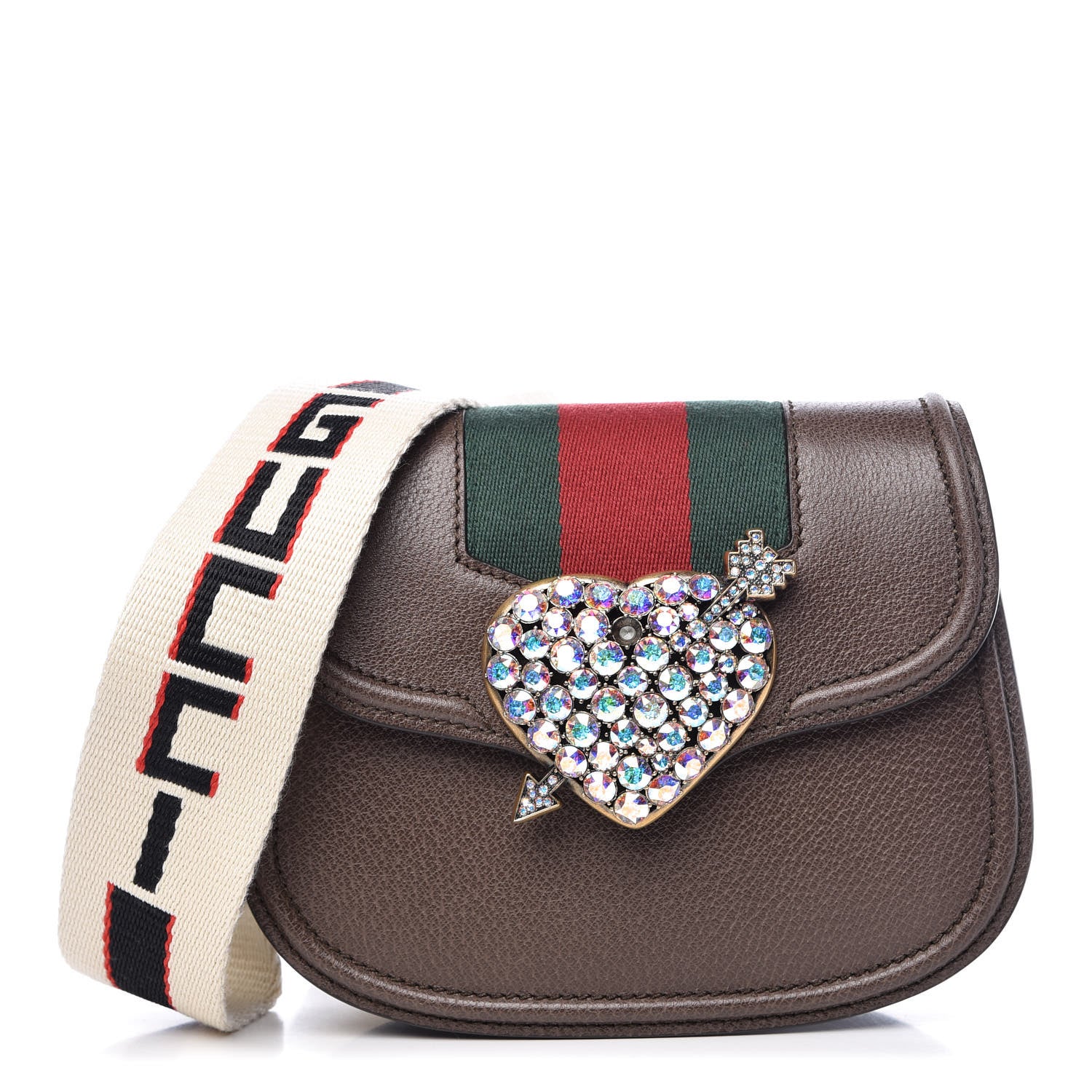 Gucci Textured Calfskin Web Crystal Heart Stripe Small Totem Shoulder Bag New Acero 1 of 13
