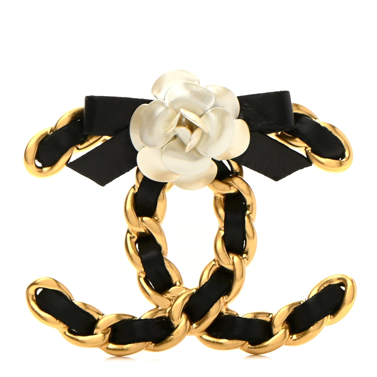 Chanel Metal Calfskin Chain 90's Camellia Brooch Black Gold 1 of 5