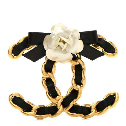 Chanel Metal Calfskin Chain 90's Camellia Brooch Black Gold 1 of 5
