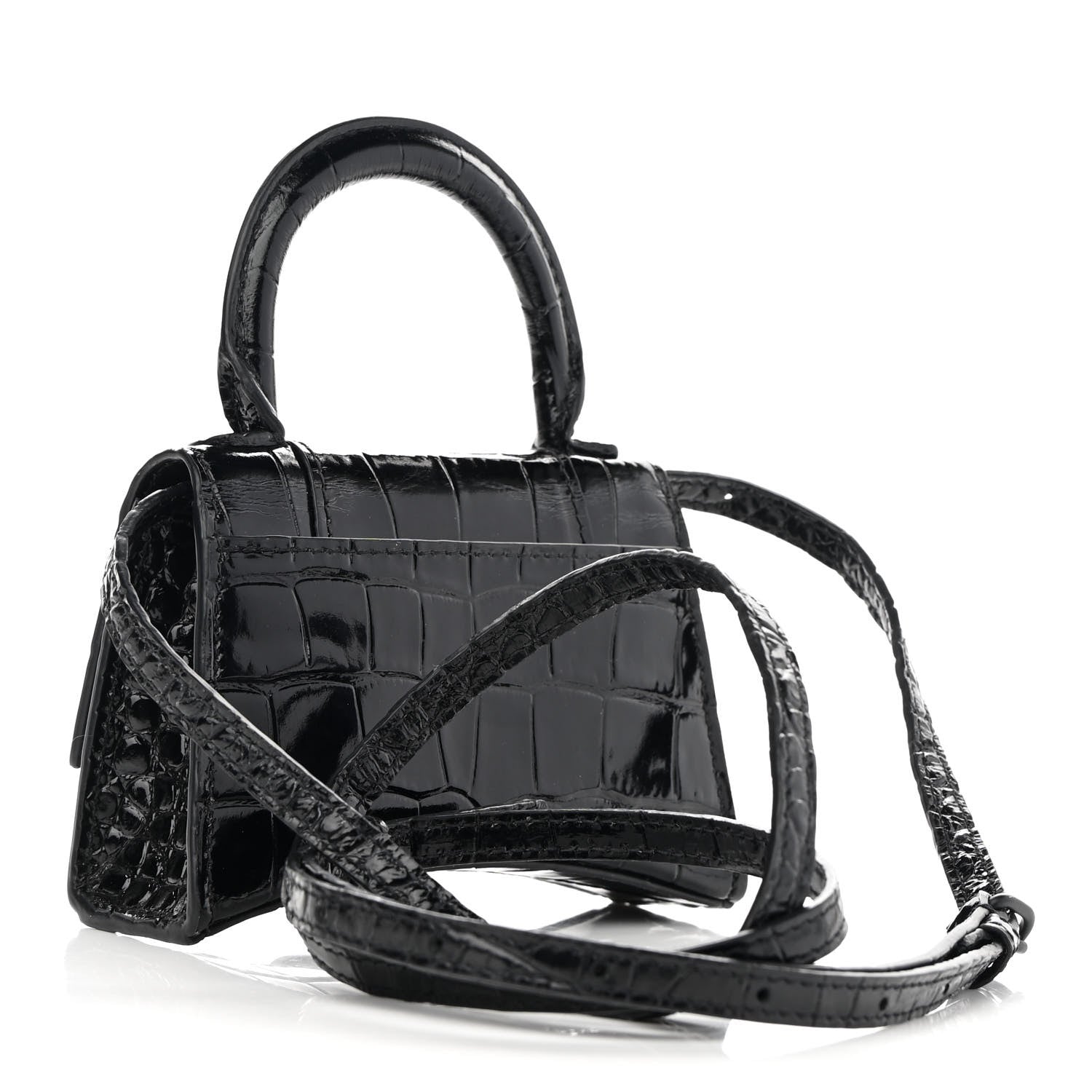 Balenciaga Shiny Calfskin Monochrome Crocodile Embossed Hourglass Top Handle Bag Mini Black 3 of 11