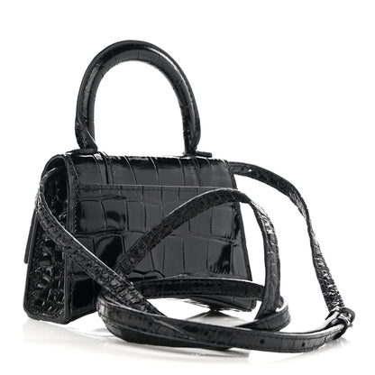 Balenciaga Shiny Calfskin Monochrome Crocodile Embossed Hourglass Top Handle Bag Mini Black 3 of 11
