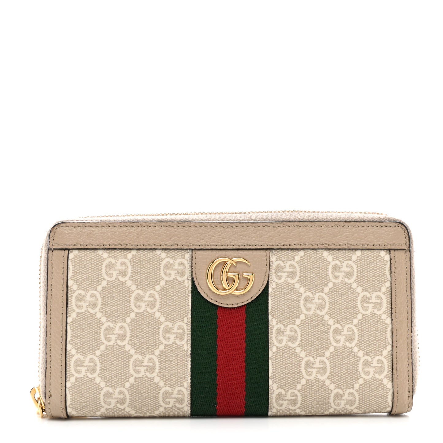 GG Supreme Monogram Textured Dollar Calfskin Web Ophidia Zip Around Wallet Beige Mystic White Oatmeal