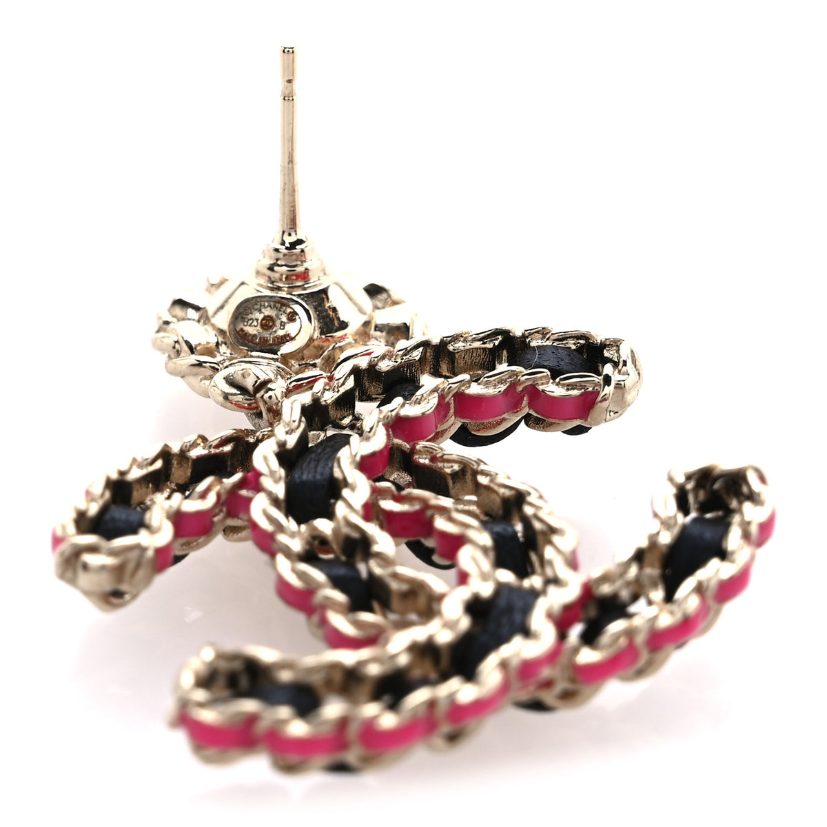Metal Lambskin CC Chain Drop Earrings Black Gold Pink