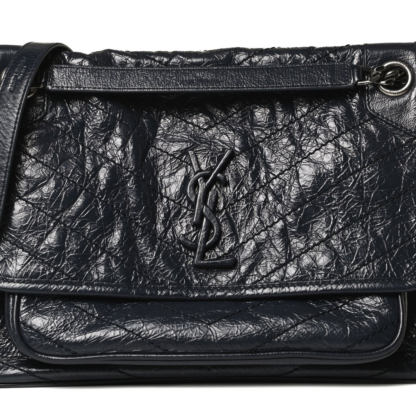Crinkled Calfskin Matelasse Monogram Medium Niki Chain Satchel Dark Blue